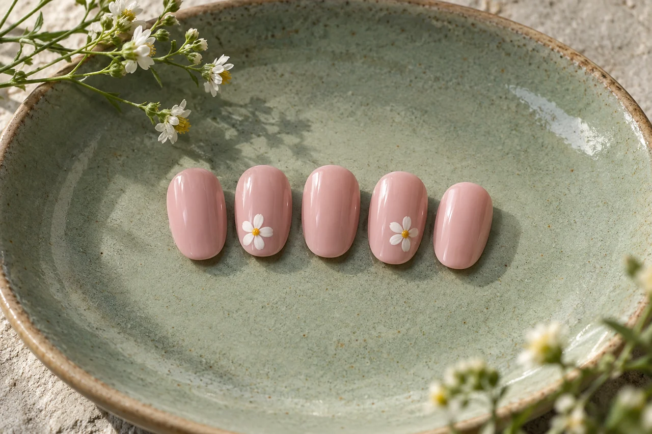 Roséfarbene Nagelmuster mit kleinen weissen Blüten und gelbem Mittelpunkt.