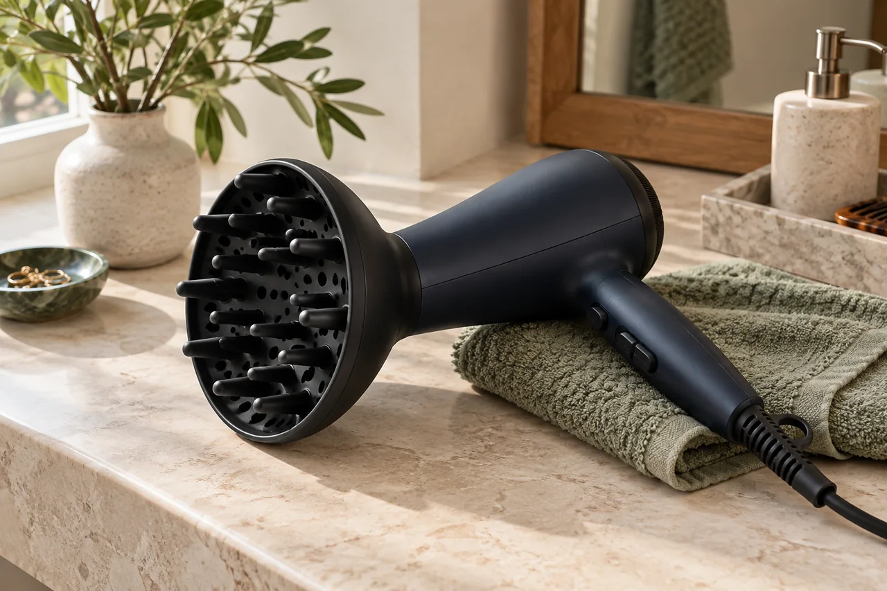 Ein Föhn mit breitem Diffusoraufsatz liegt auf einer trockenen Ablage.