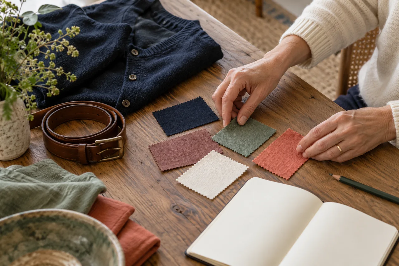 Eine persönliche Garderobenpalette aus Marineblau, Salbei, Rosenholz, Creme und Koralle auf einem Tisch.