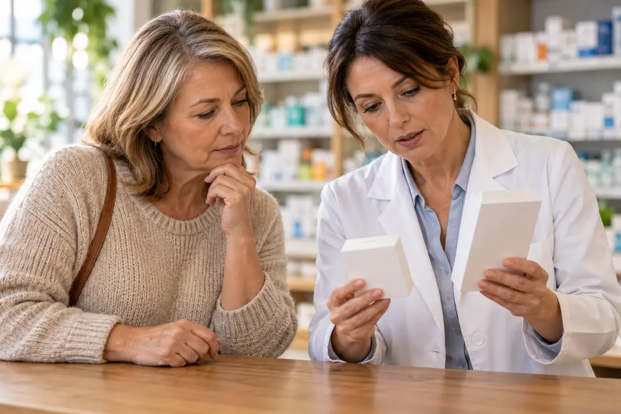 A pharmacist and customer looking at neutral packages at a counter.