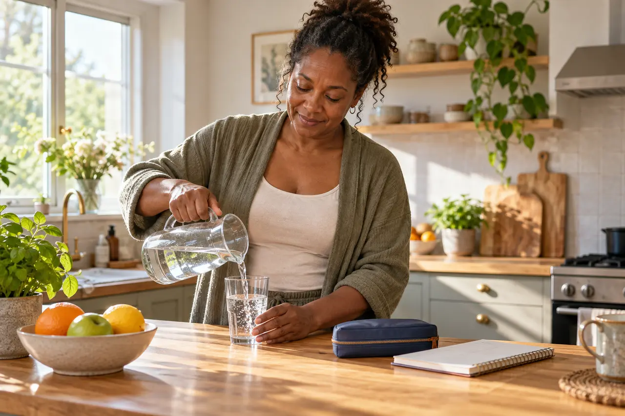 Une femme pose un verre d'eau près d'un planning et d'une petite pochette.