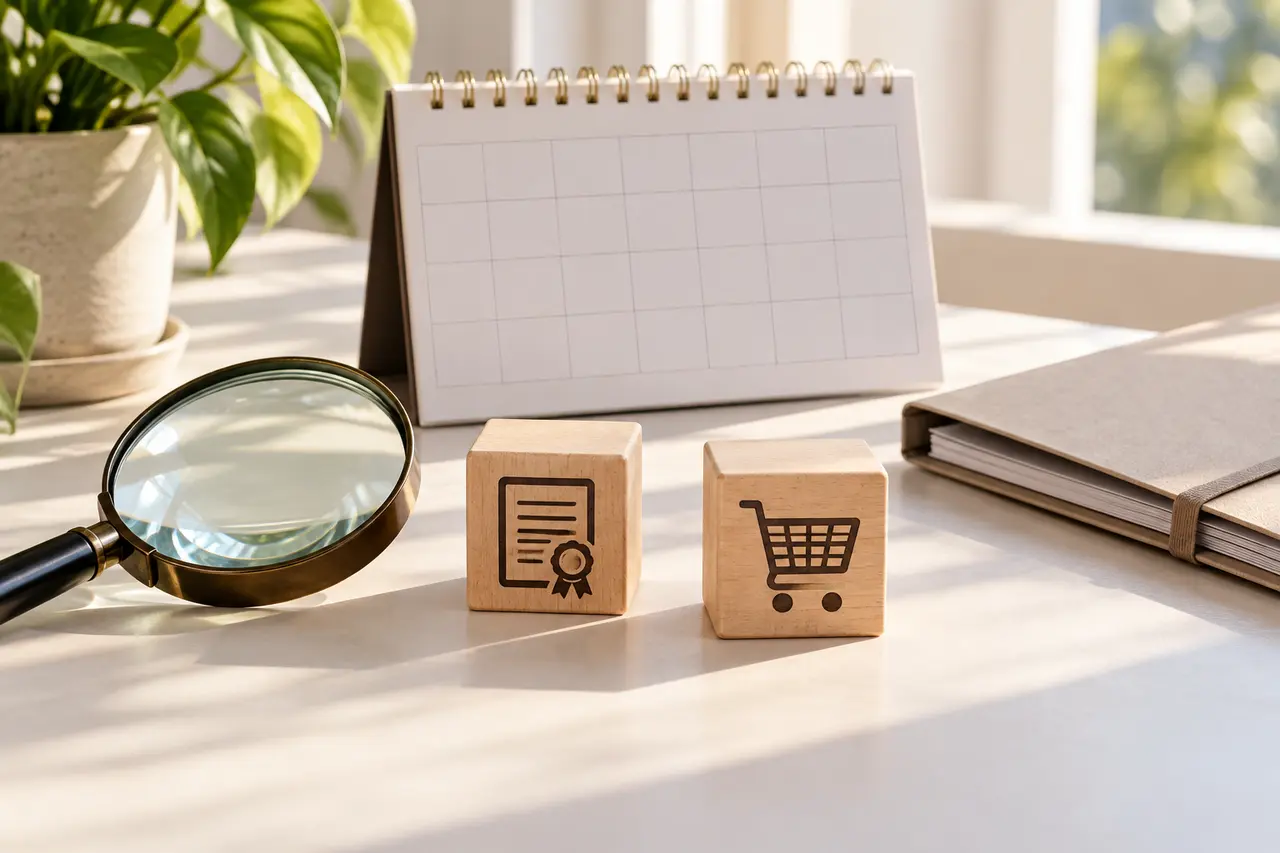 A calendar, document folder and magnifying glass on a table.