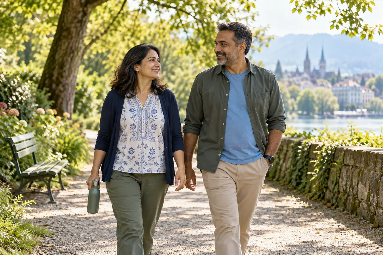 Ein Paar geht in Alltagskleidung durch einen grünen Park.