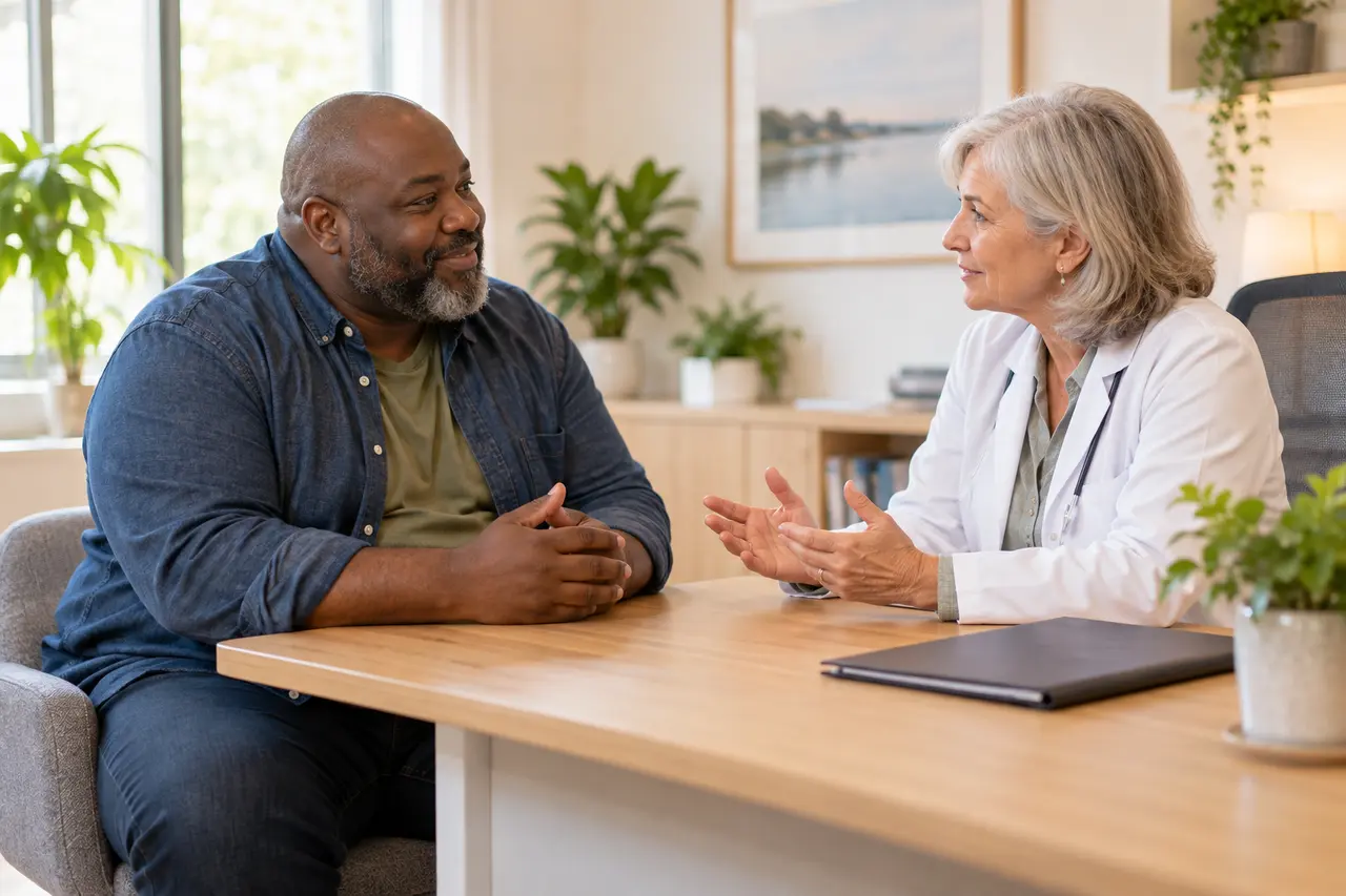 A man speaking with a clinician at eye level in a consultation room.