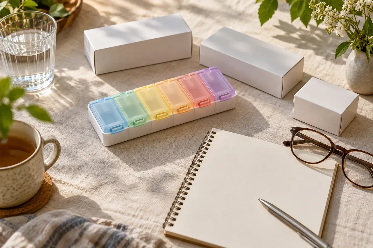 Un pastillero cerrado junto a envases neutros y un cuaderno.