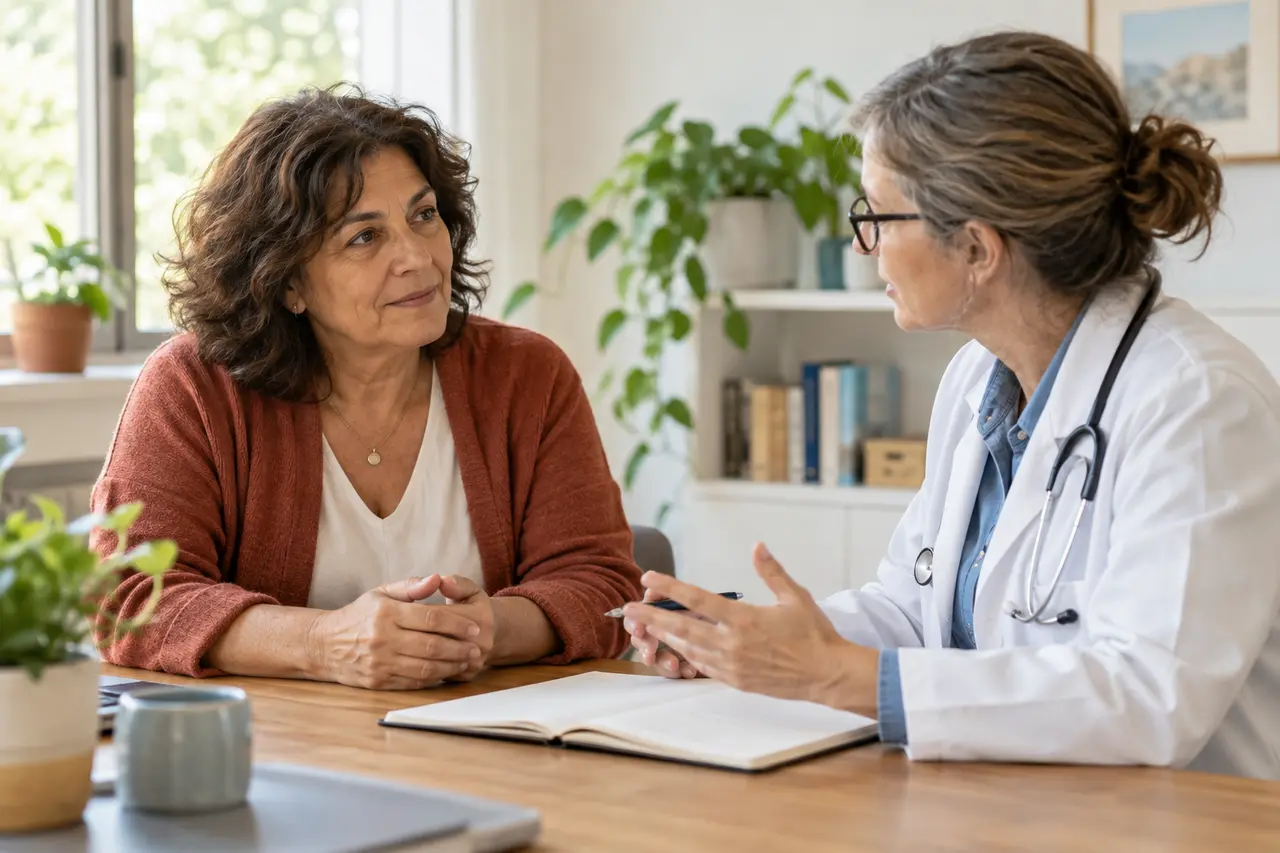 Una mujer explica sus antecedentes durante una conversación médica tranquila.