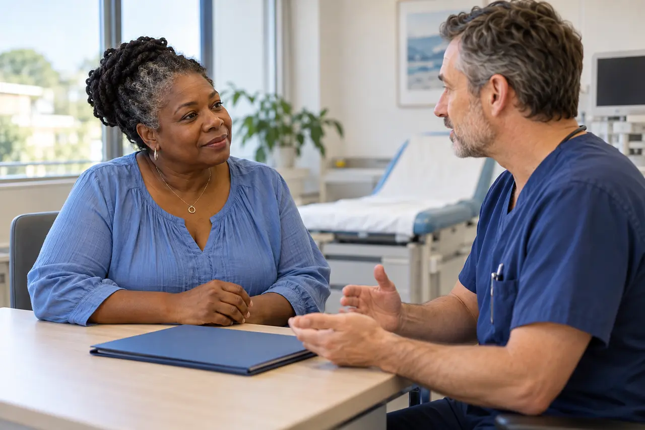 A woman discussing a planned procedure with a healthcare professional.