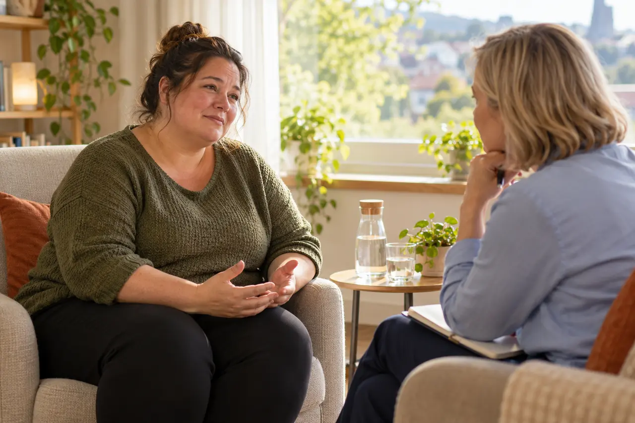 A woman having a supportive conversation in a welcoming counselling room.