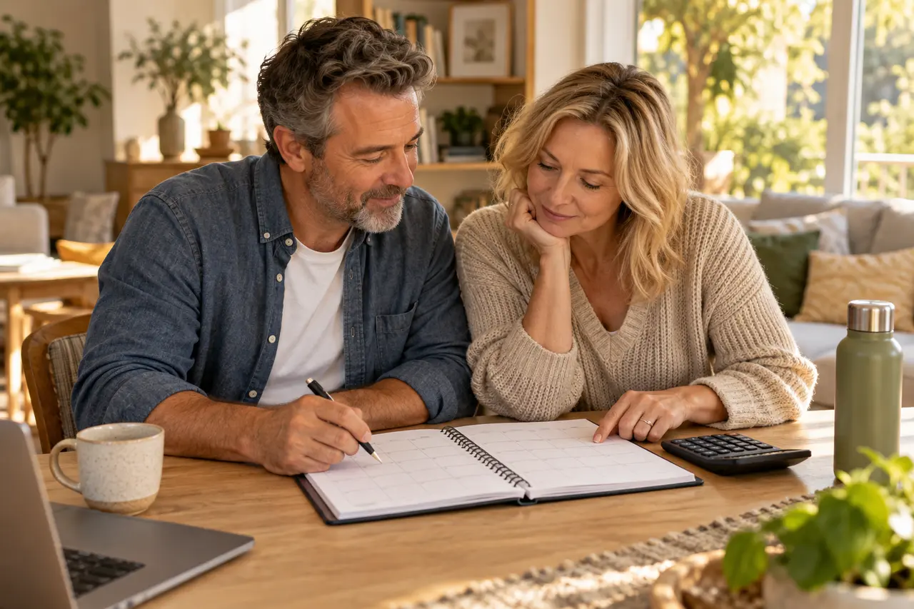 Deux adultes planifient des rendez-vous et des dépenses à une table de cuisine.