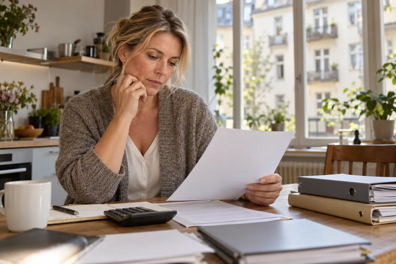 A woman organising billing documents and a calculator on a table.