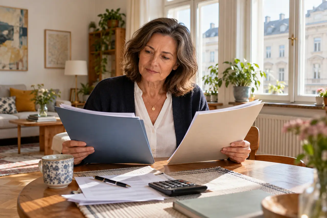 Une femme compare des documents autour d'une table ronde.