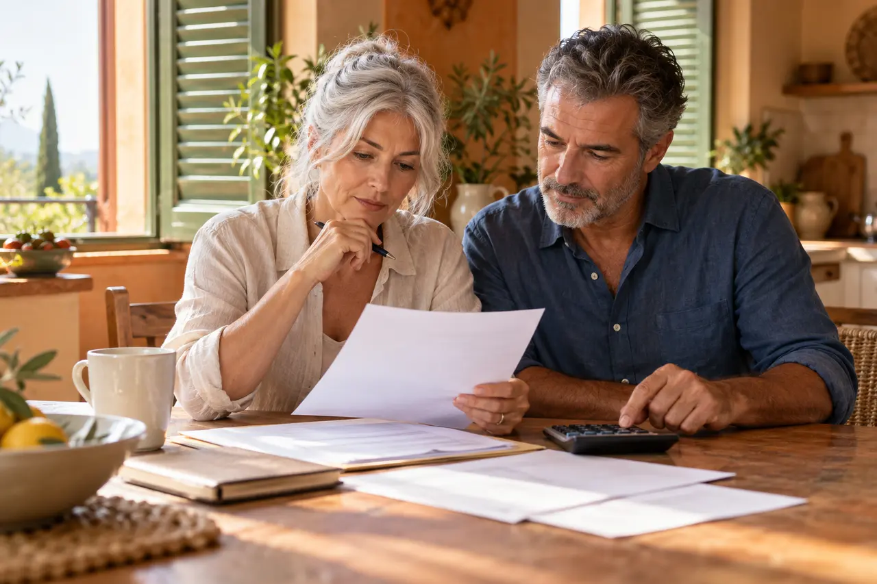 Un couple discute de documents à une table de cuisine ensoleillée.
