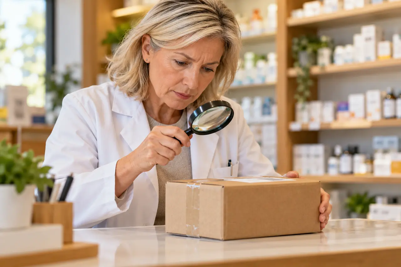 A pharmacist examining a neutral parcel at the counter.