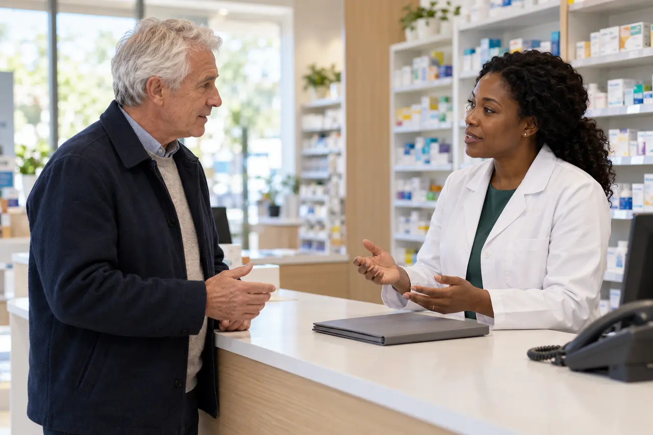 Un cliente pide información fiable en una farmacia.