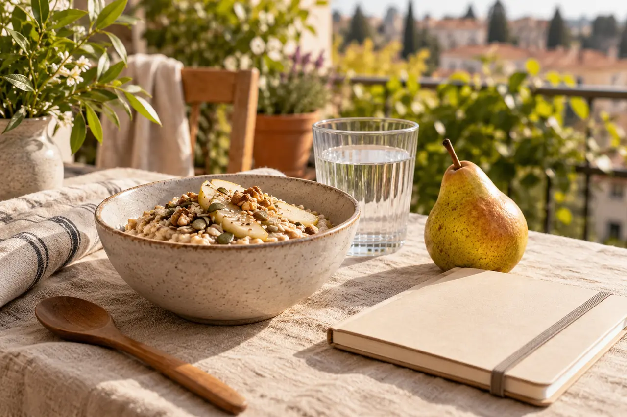 Oats, a pear and water beside a notebook.