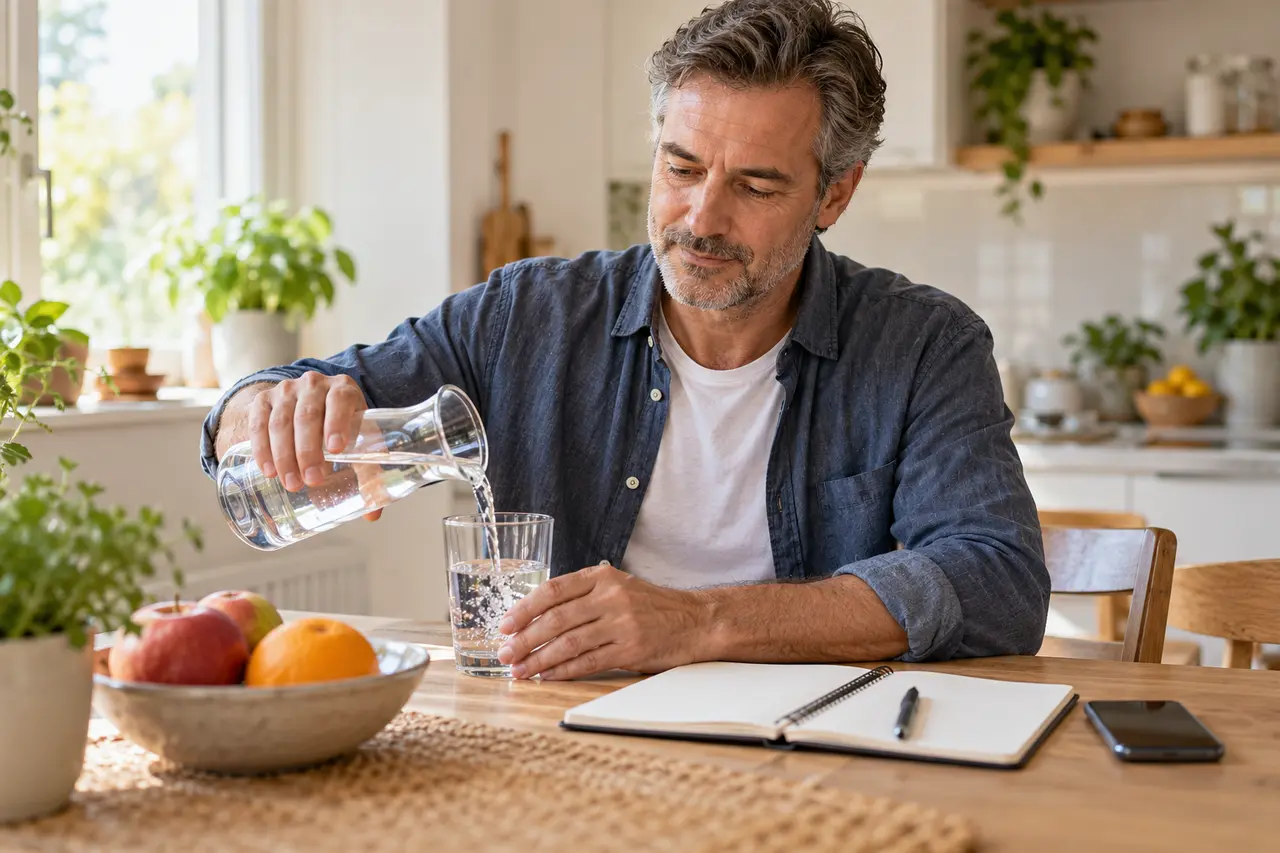Ein Mann füllt ein Glas Wasser neben seinem Notizbuch.