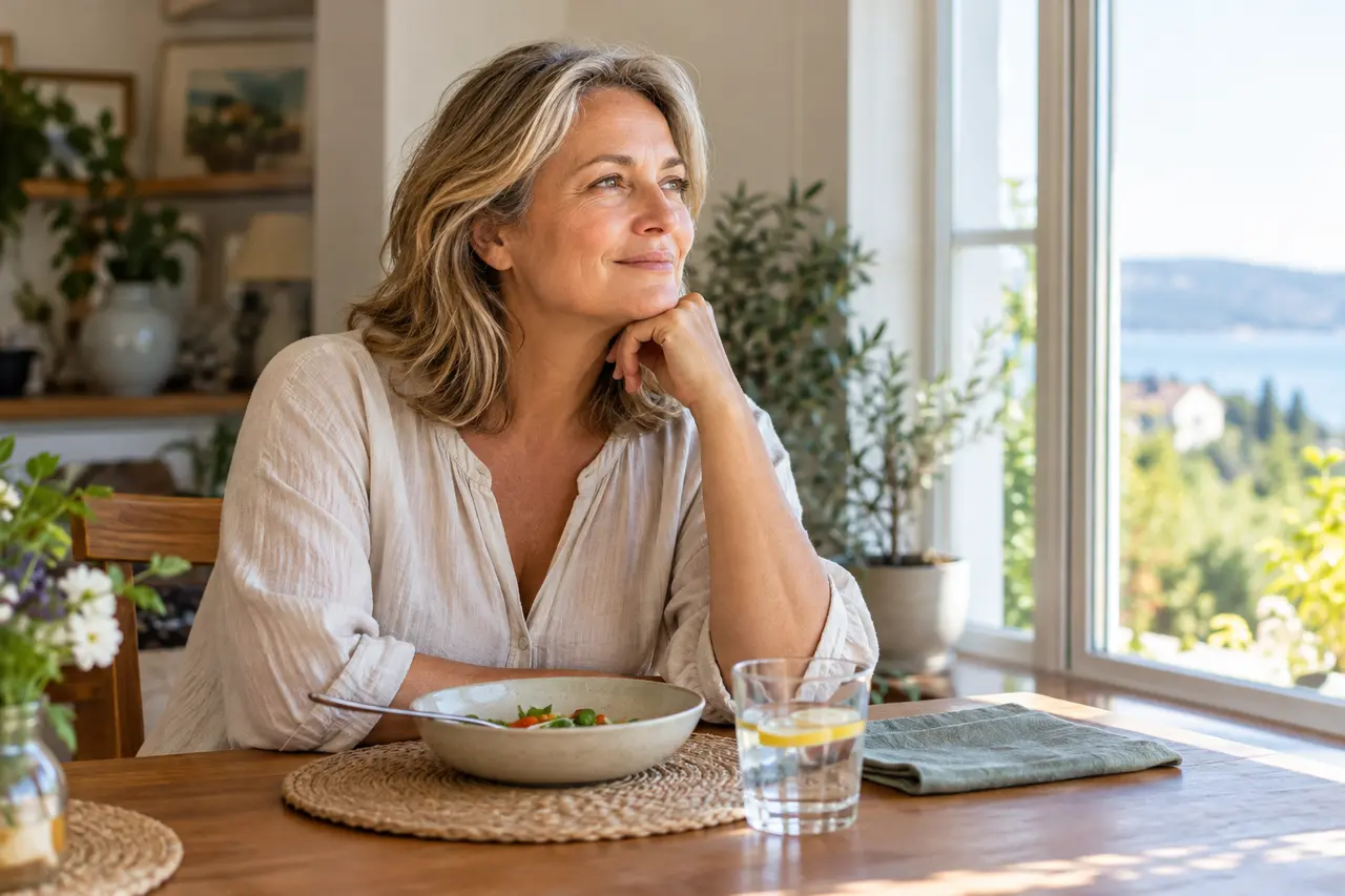 Una donna siede con la schiena dritta a tavola dopo un piccolo pasto.