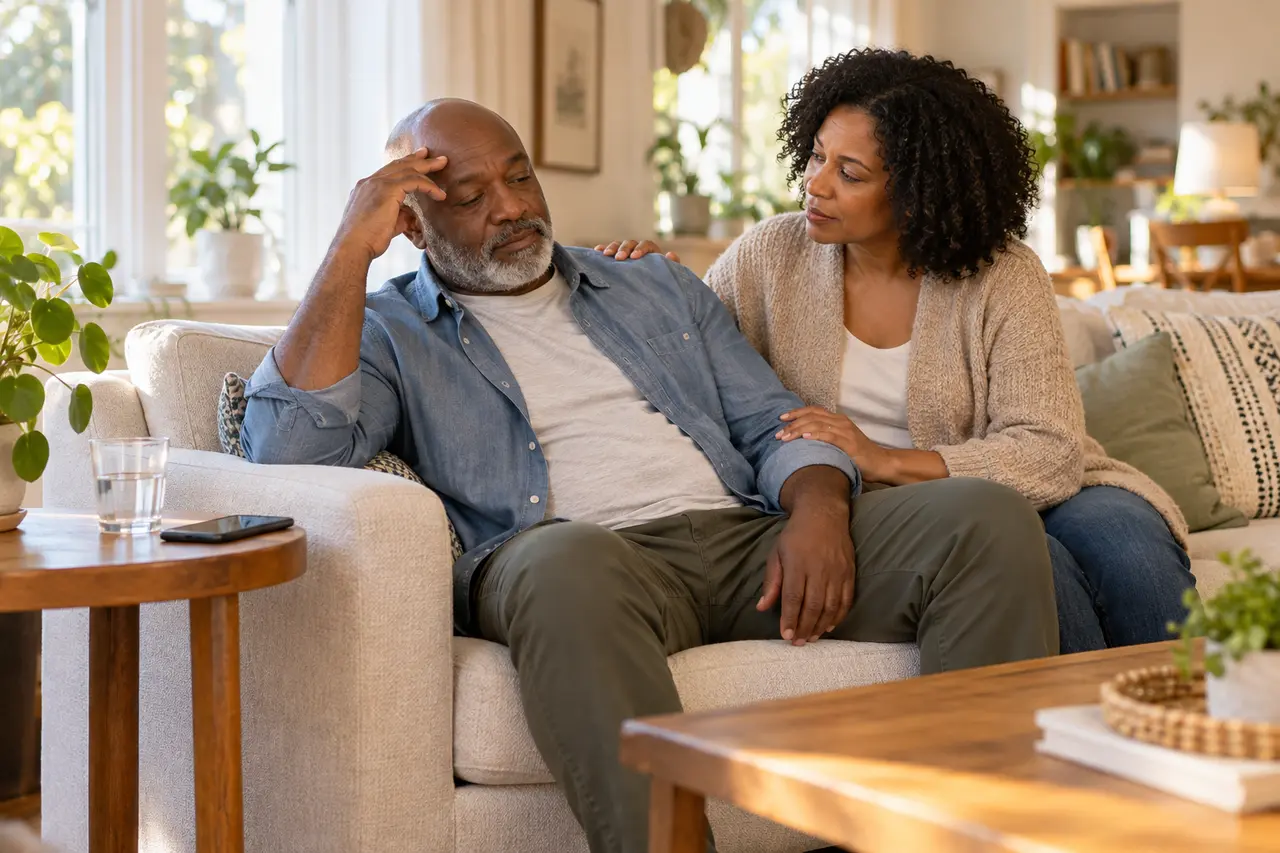 A man resting on a sofa with a trusted person beside him.