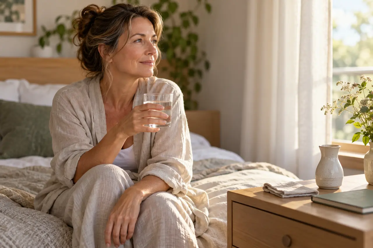 Une femme assise au bord du lit tient un verre d'eau.