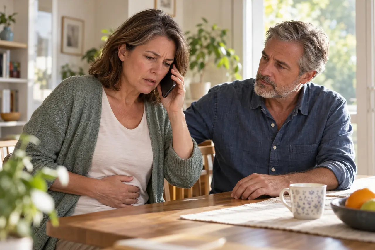 A woman making a phone call with a trusted person beside her.