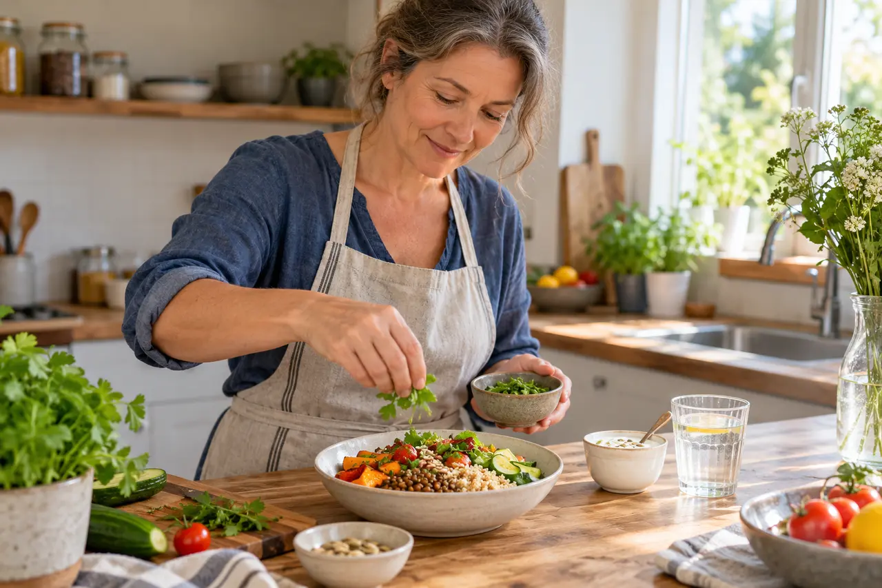 Eine Frau richtet eine Mahlzeit mit Gemüse, Hülsenfrüchten und Getreide an.