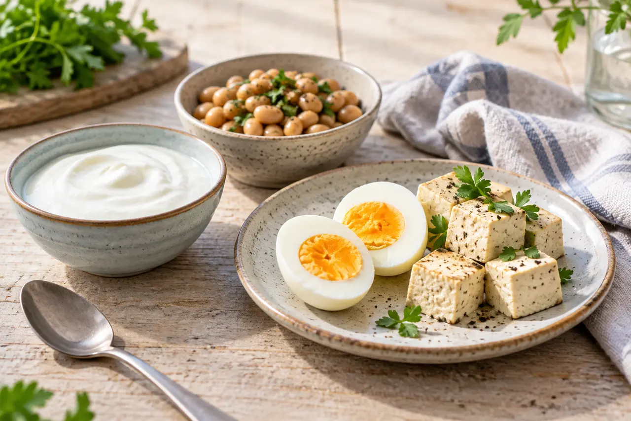 Pequeñas porciones de yogur, legumbres y tofu, con un huevo.