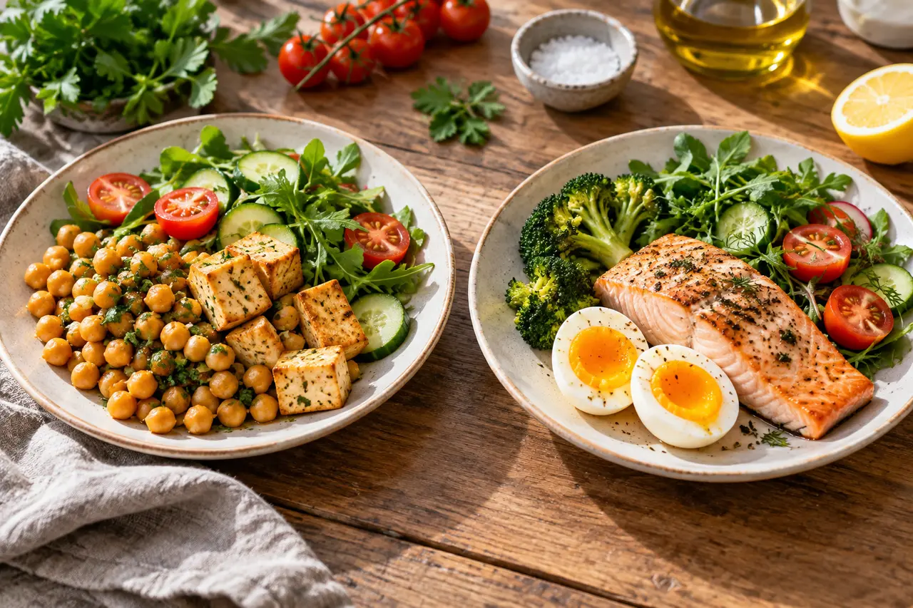 Dos platos muestran alimentos vegetales y animales uno al lado del otro.