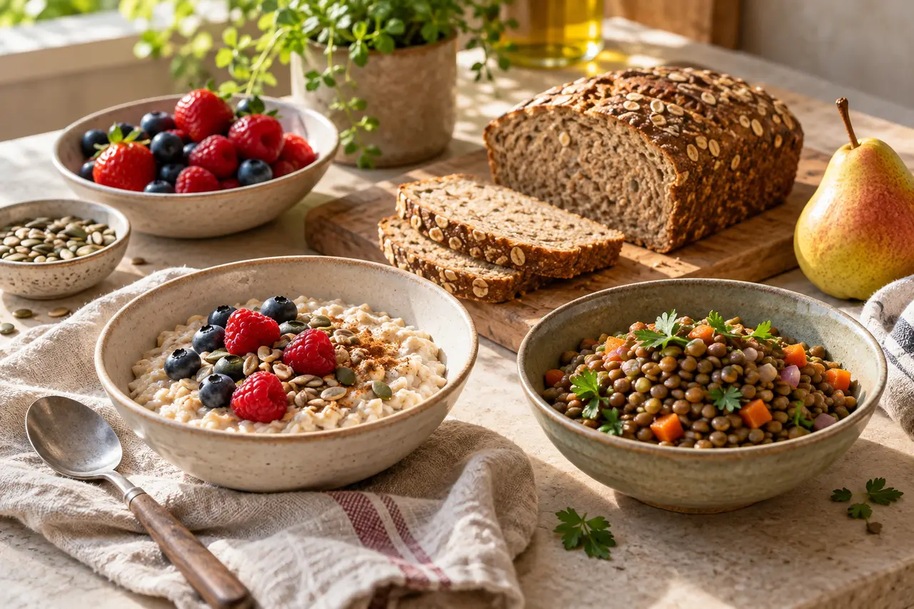 Haferflocken, Linsen, Vollkornbrot und Obst auf einer Küchenfläche.