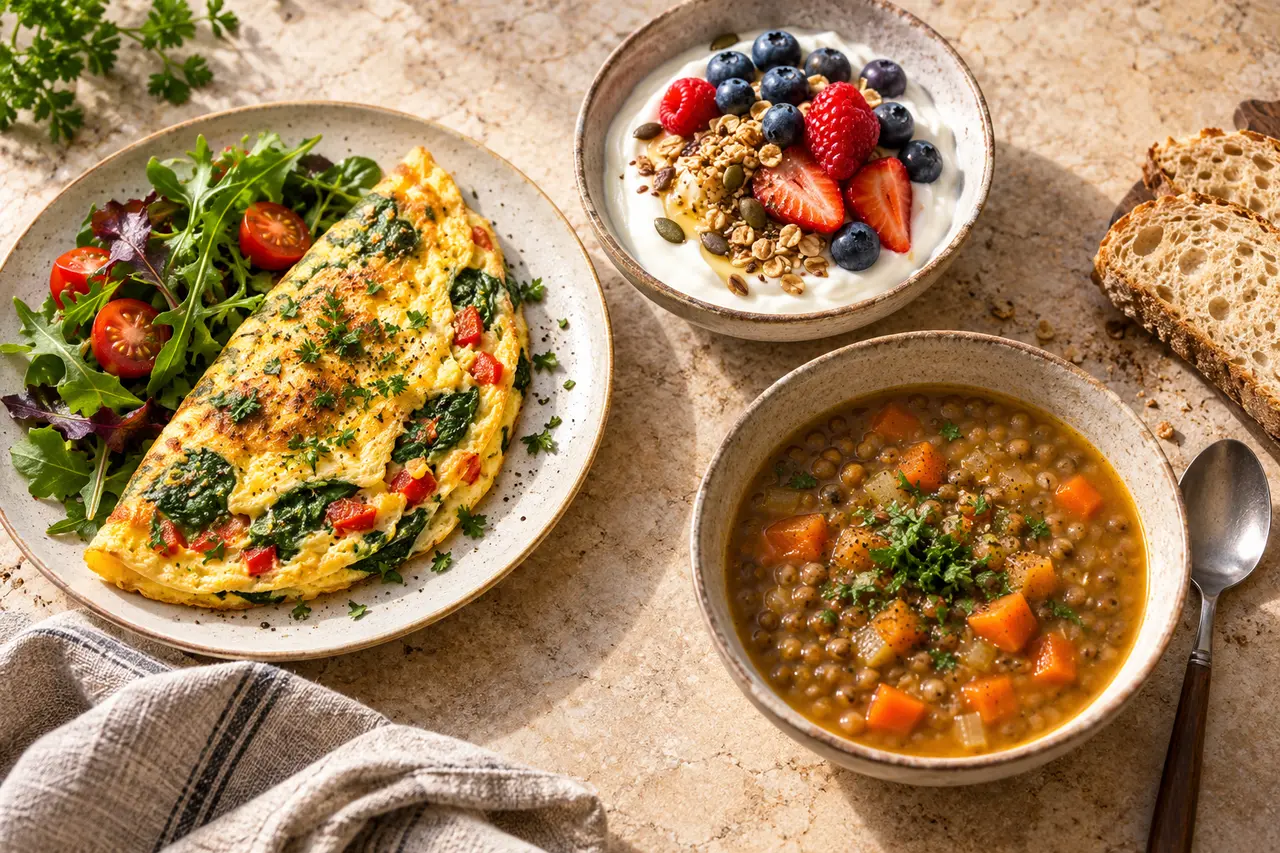 Trois petits repas composés d'une omelette, de yaourt et d'une soupe de lentilles.