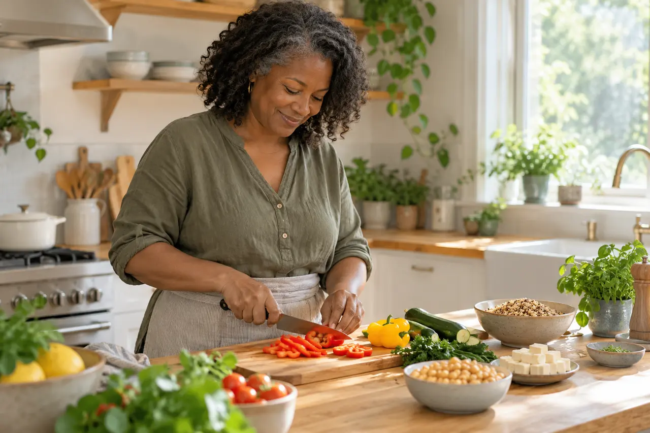 Une femme prépare des légumes, du tofu et des pois chiches dans sa cuisine.