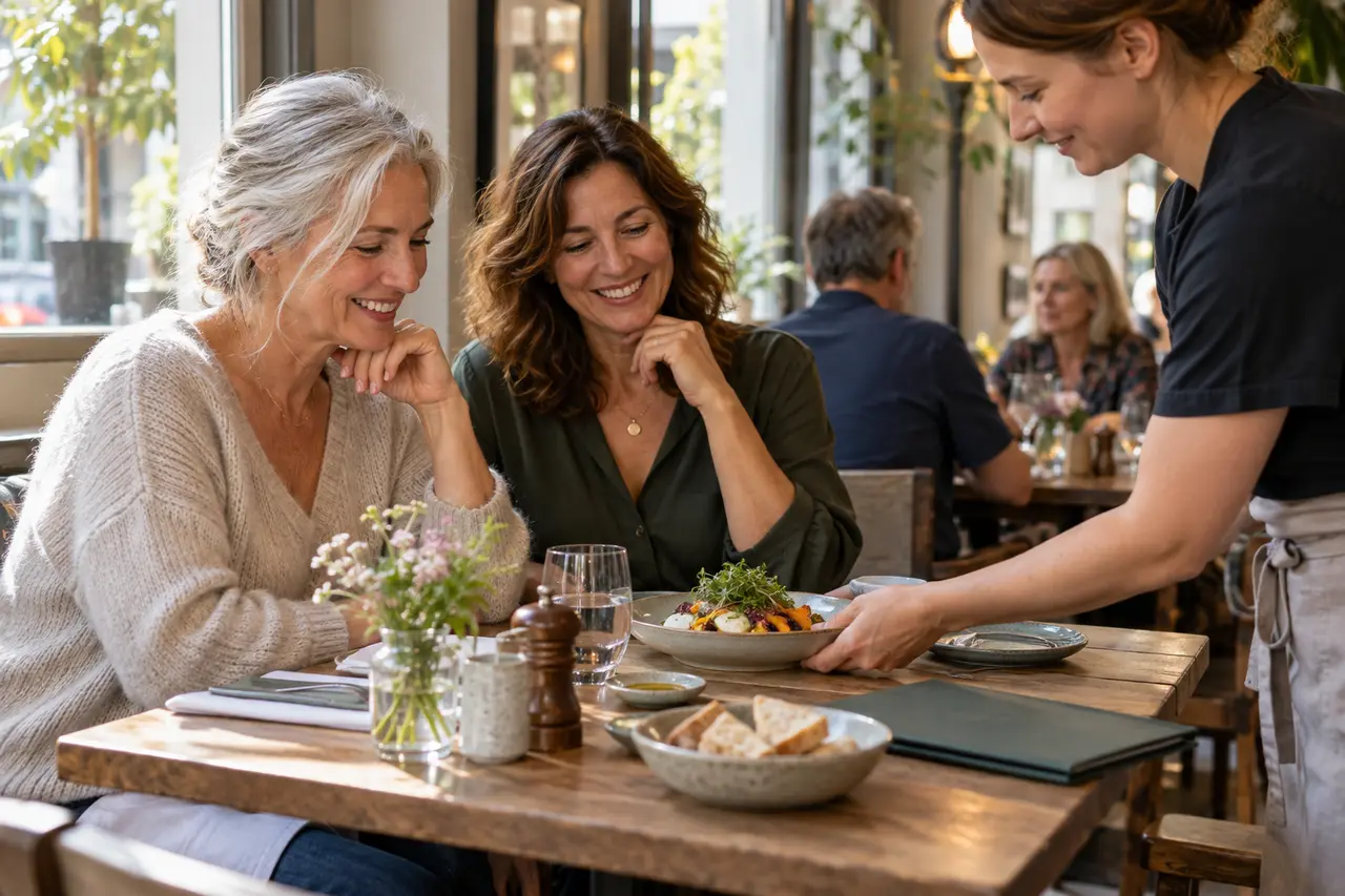 Two women sharing a small meal in a bright café.