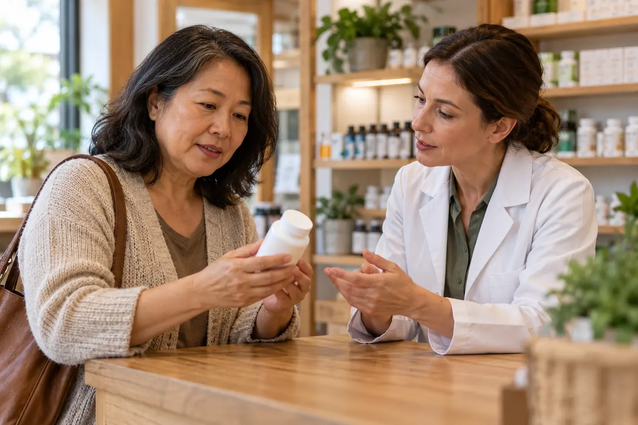 Una donna discute di un flacone neutro con una farmacista.