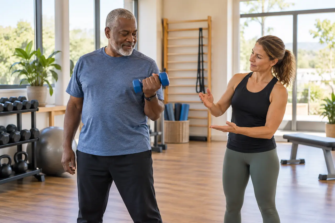 A man learning a simple strength exercise with a light dumbbell and guidance.