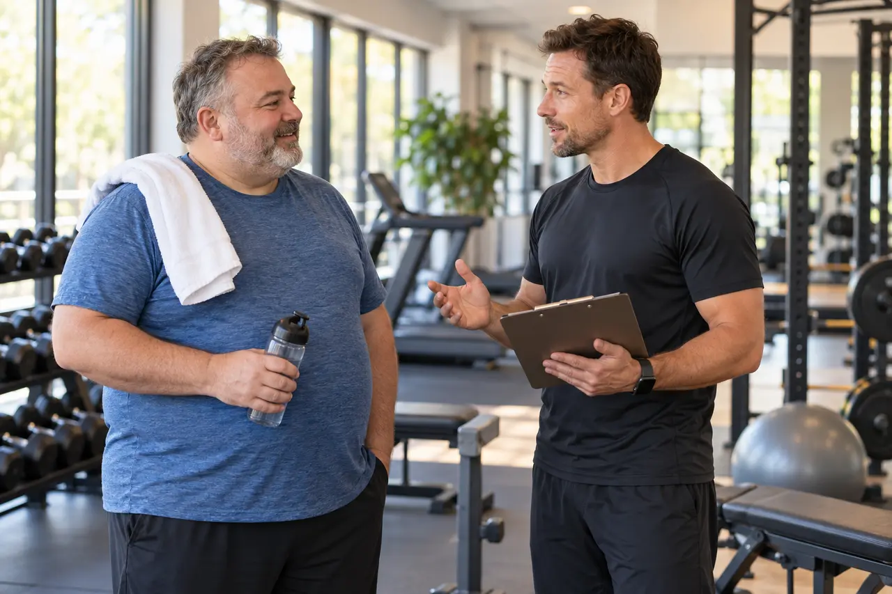 Ein Mann bespricht sein erstes Training mit einer Fachperson im Fitnessstudio.