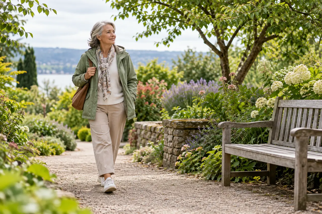 A woman walking at an easy pace along a level garden path.