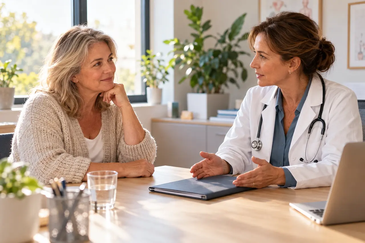 Two women discussing documents in a bright consultation room.