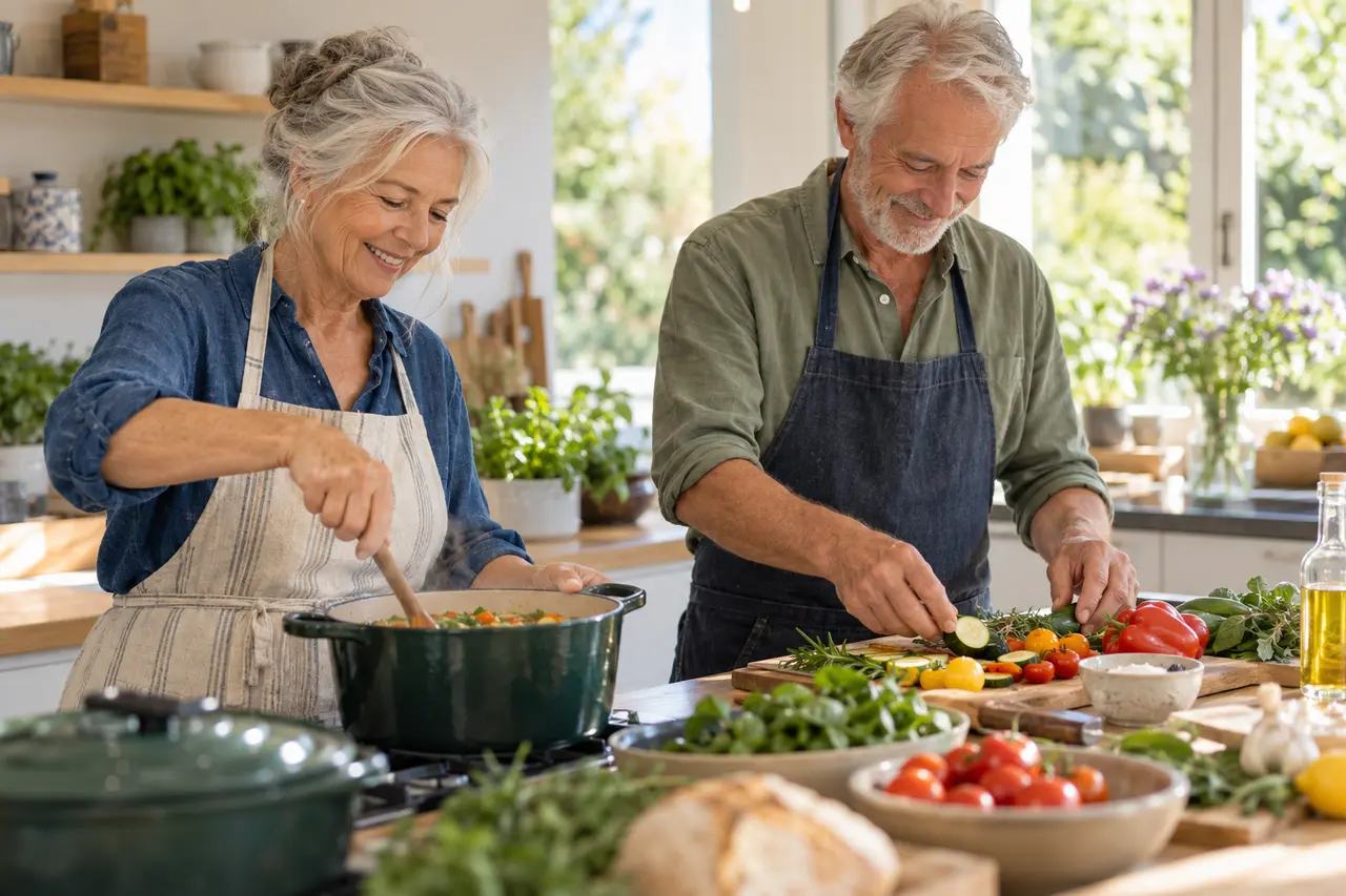 Deux personnes âgées préparent un repas ensemble.