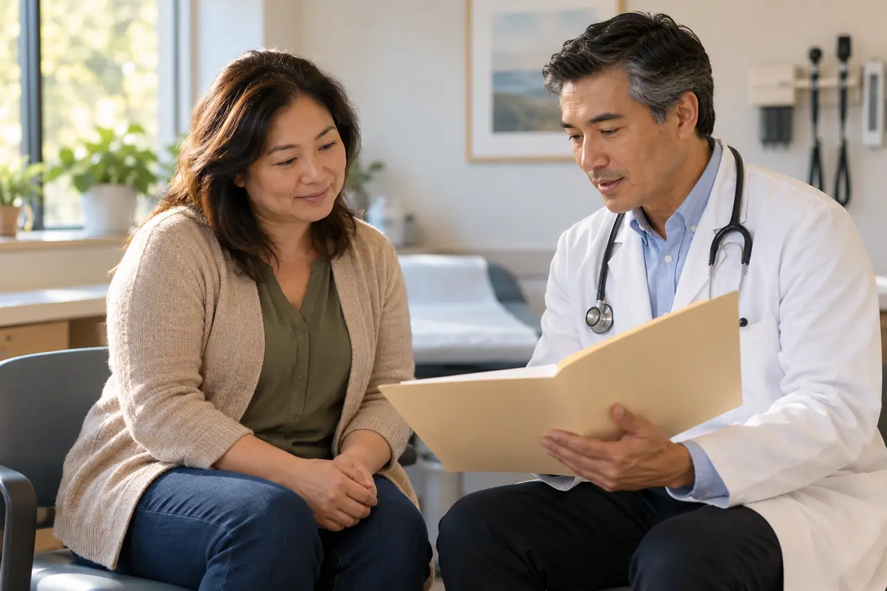 Une femme discute de ses documents avec un médecin.
