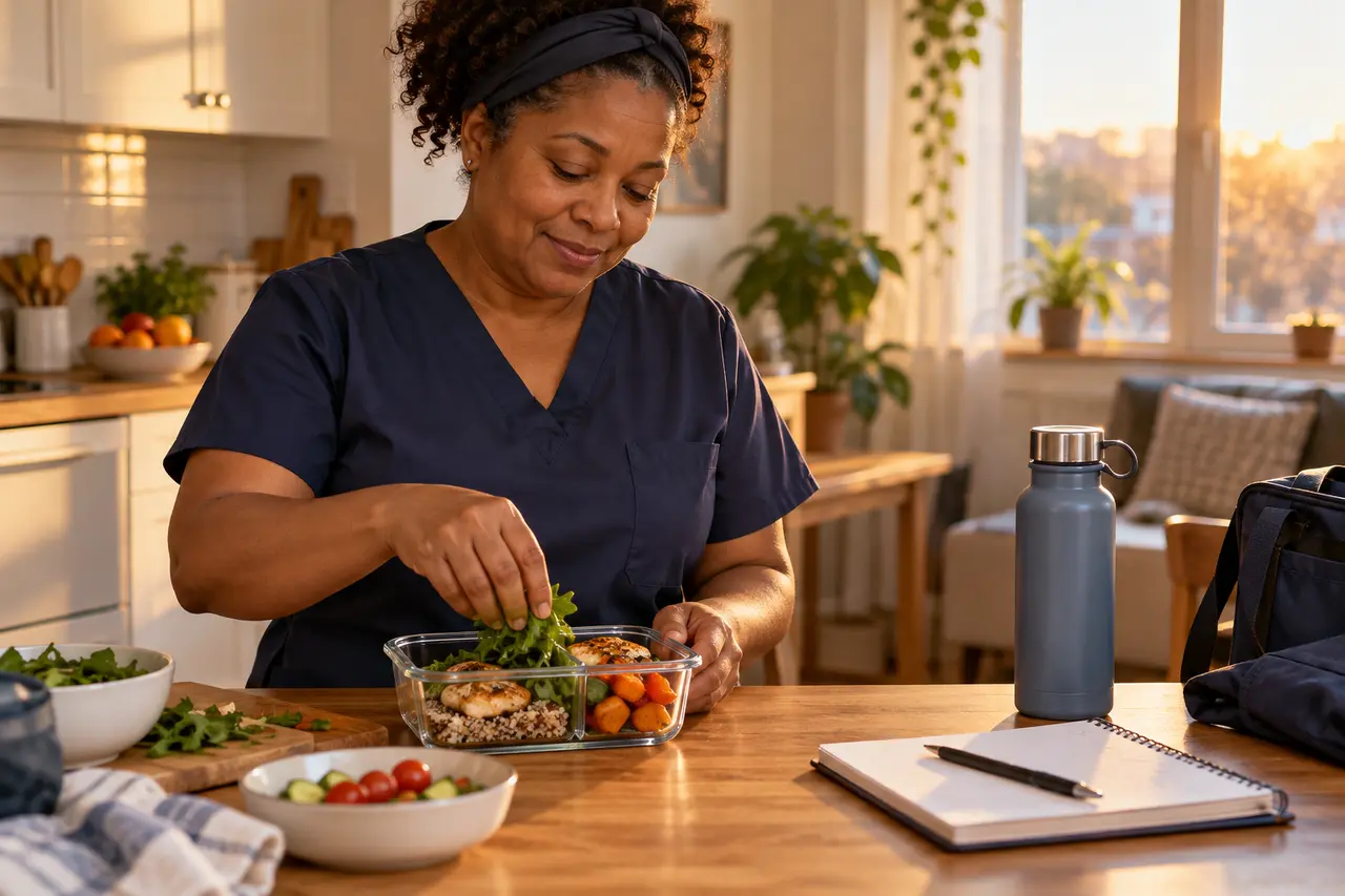 A woman preparing a small meal for her work shift.