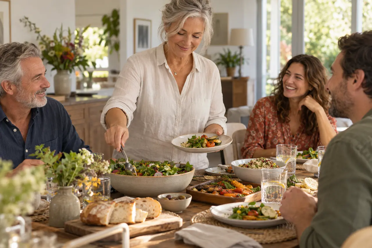 Eine Familie sitzt bei einem entspannten gemeinsamen Essen am Tisch.