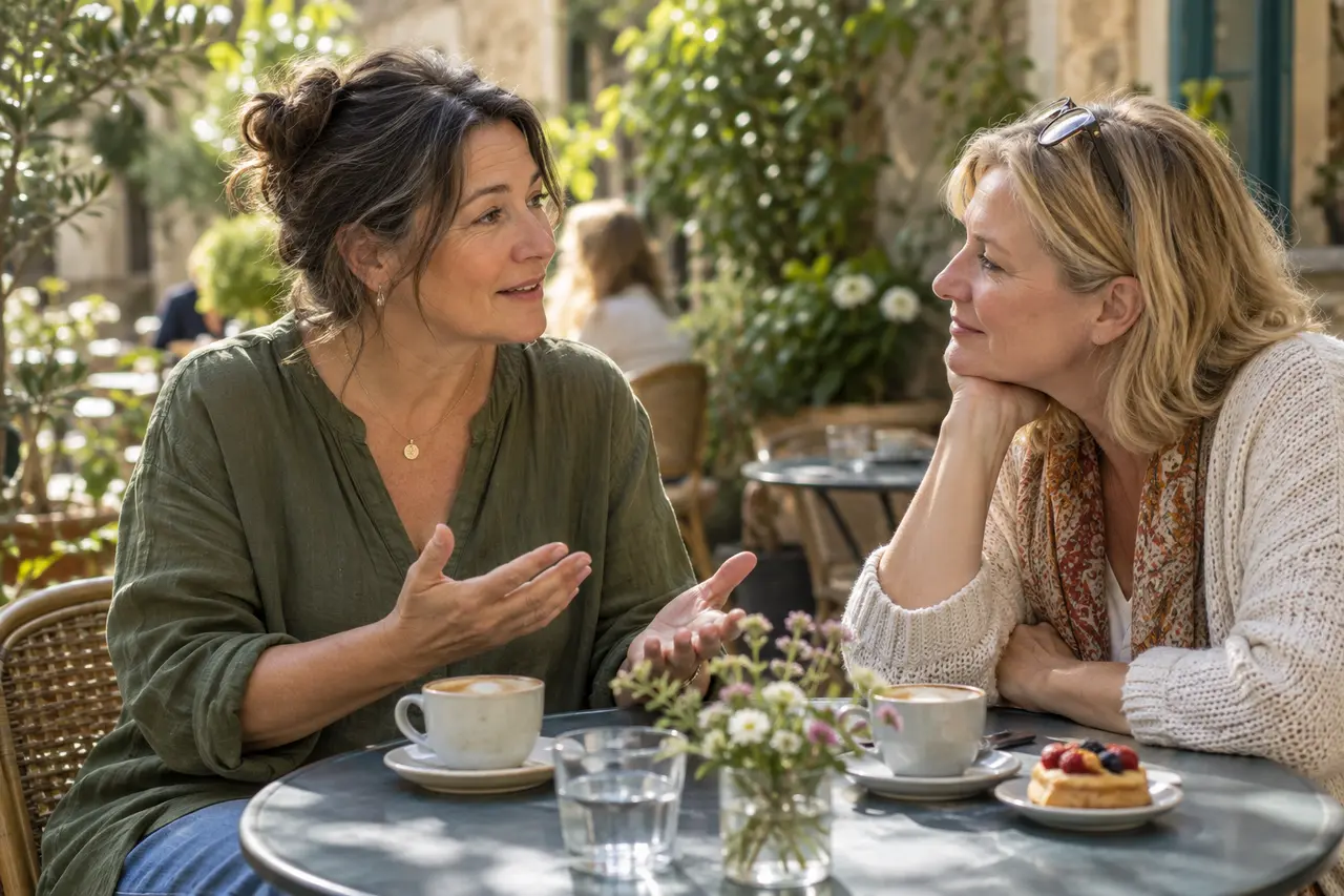 Two women having a calm conversation in a leafy courtyard.