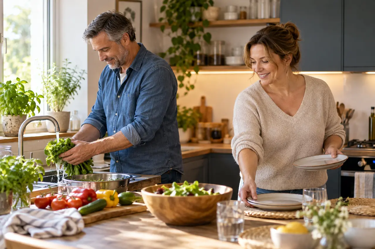 A couple preparing vegetables and tableware for a meal together.