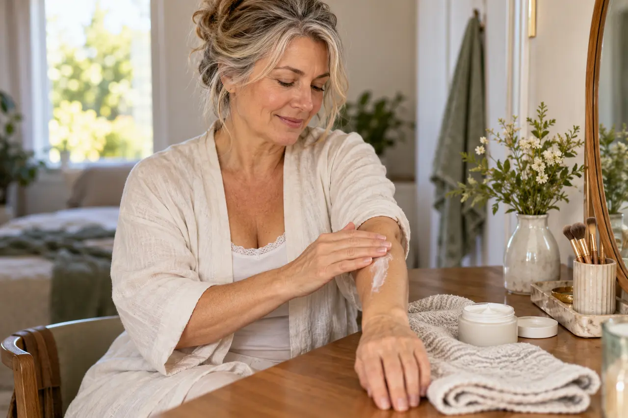 Une femme applique une crème hydratante neutre sur son avant-bras.