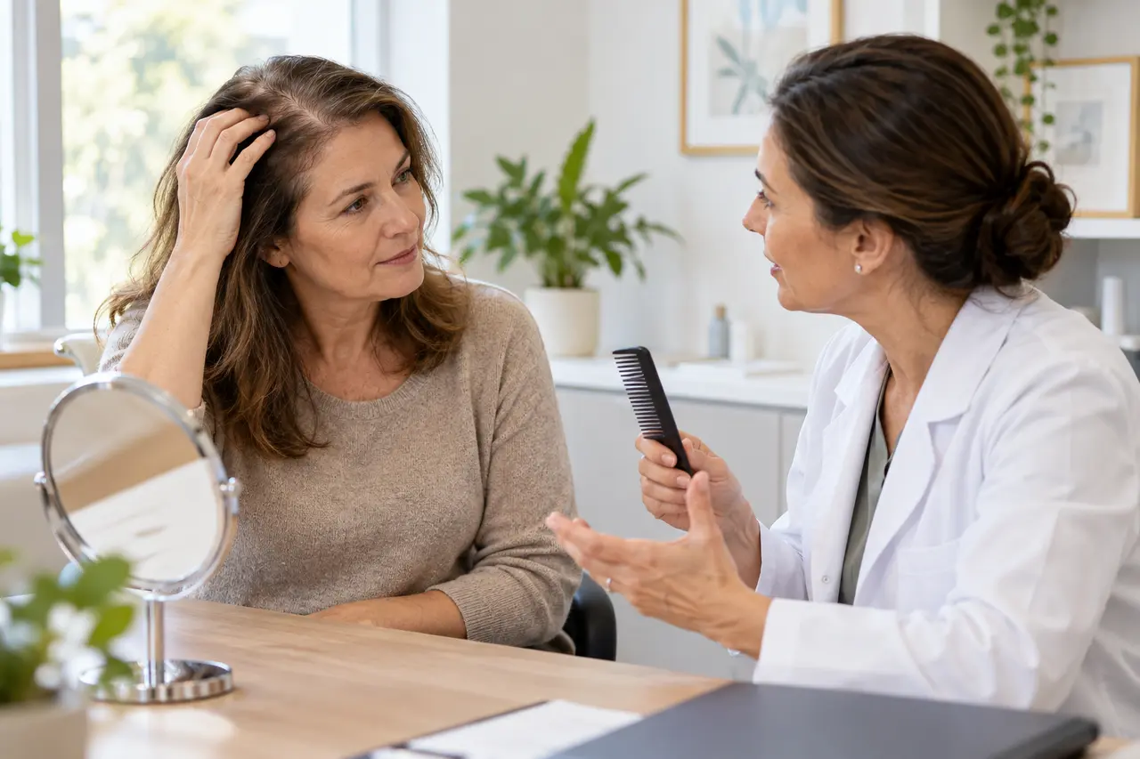 Une femme parle de changements de ses cheveux lors d'une consultation.