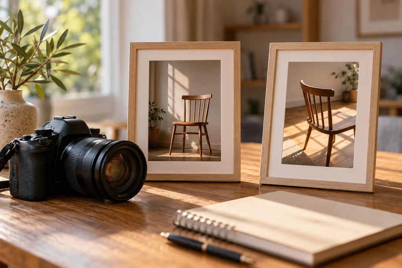 Un appareil photo et deux images de la même chaise montrent des perspectives différentes.