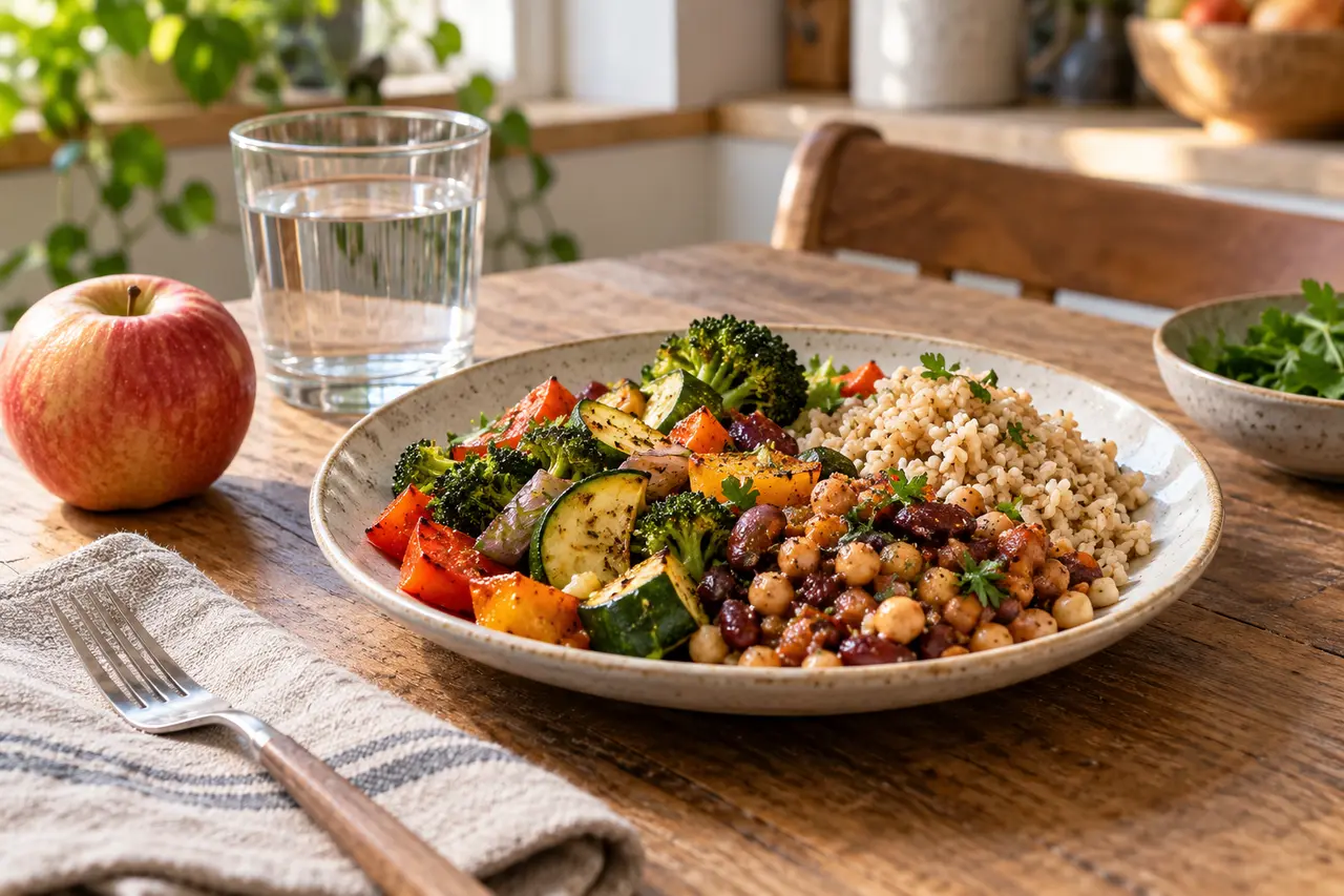 Un repas simple avec des légumes, des haricots et des céréales dans une assiette.