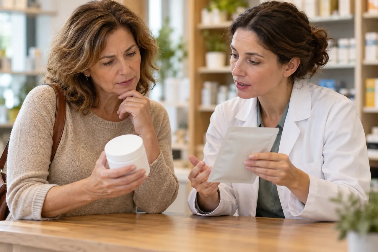 Una donna esamina confezioni neutre parlando con una farmacista.