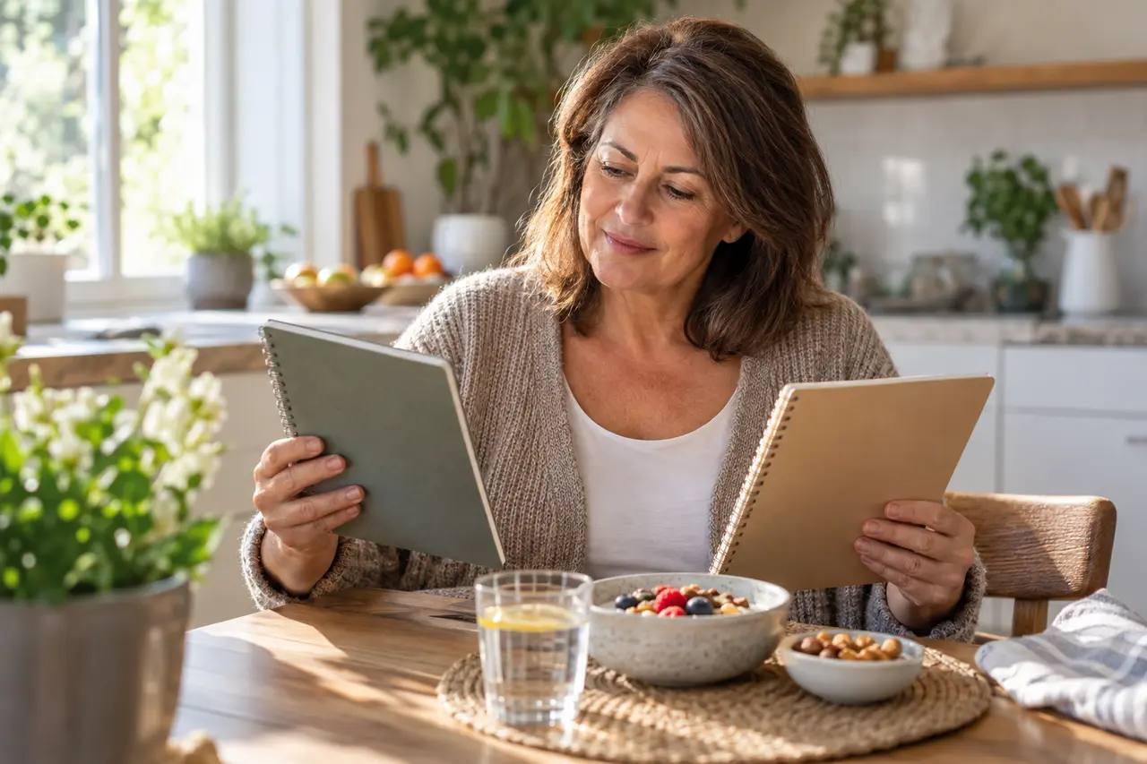 A woman looking at two notebooks beside a small breakfast.