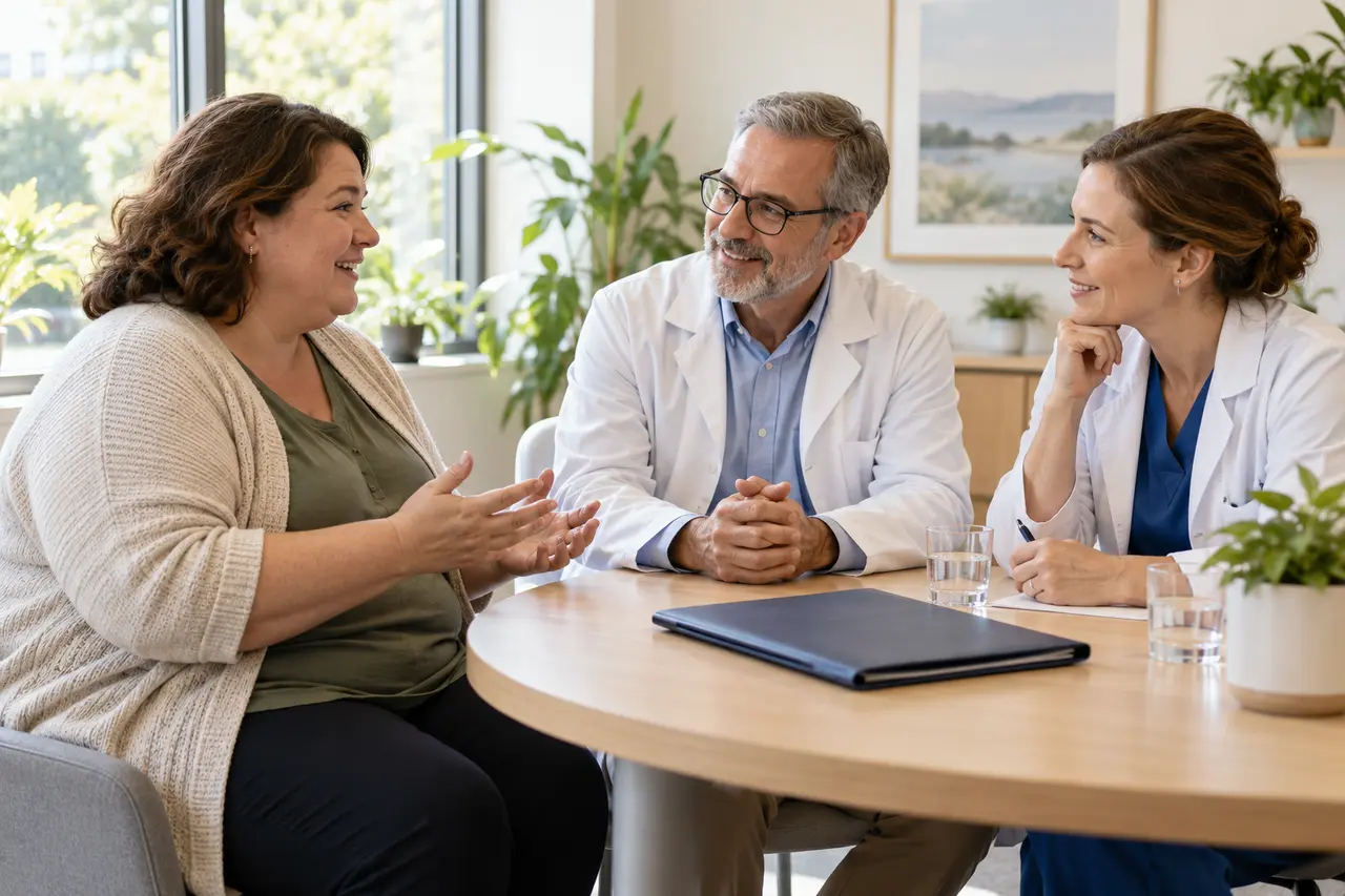 A woman discussing different options with two professionals.