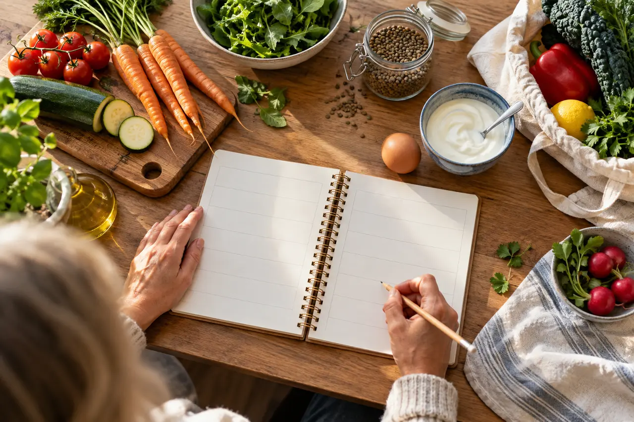 A weekly planner among vegetables, lentils, an egg and yoghurt.